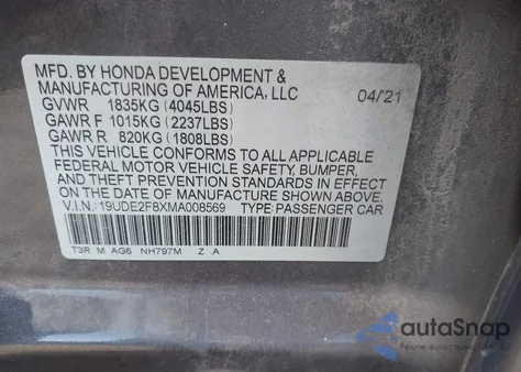 2021 Acura Ilx Premium A-Spec Packages/Technology A-Spec Packages from USA, damaged, VIN 19UDE2F8XMA008569